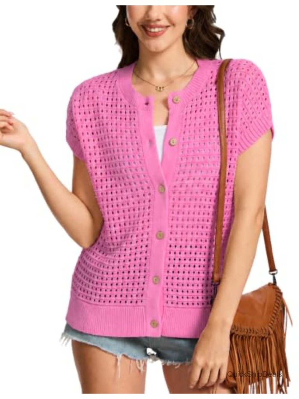 Crochet Cap Sleeve Sweater Vest Button Down Cardigan